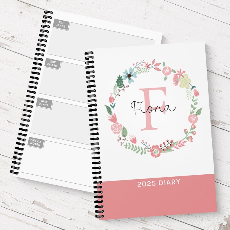 Pink Floral Wreath 2024 Diary A5 Personalised 2025 Week to View