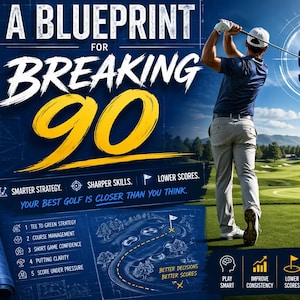 Puede incluir: Gráfico con temática de golf con el texto "A Blueprint for Breaking 90". La imagen presenta a un golfista en pleno swing en un campo verde, con una bandera azul en el fondo. El texto adicional incluye "Smarter Strategy, Sharper Skills, Lower Scores."