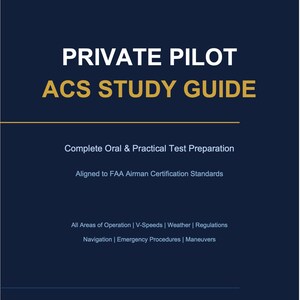 May include: A dark blue book cover titled PRIVATE PILOT ACS STUDY GUIDE in white and gold text. Subtitles include Complete Oral & Practical Test Preparation, Aligned to FAA Airman Certification Standards, and topics like V-Speeds and Weather.