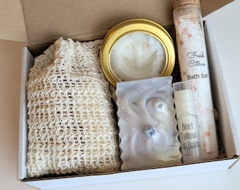 Self Care Gift Set: Handmade Spa Box with Tallow Soap & Bath Salts