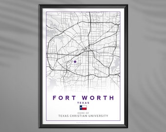 COLLEGE TOWNS - Fort Worth map print poster | Texas map print poster | Texas Christian University city map print poster  |  TCU