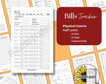 Bills Tracker Planner Inserts Half Letter Discbound Monthly Bill Log