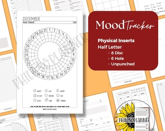 Mood Tracker Planner Inserts: Half Letter Size, Eight Disc, Six Ring or No Punch