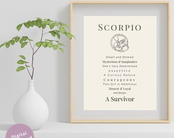Lámina artística del zodiaco Escorpio / Póster del horóscopo bohemio (descarga digital)