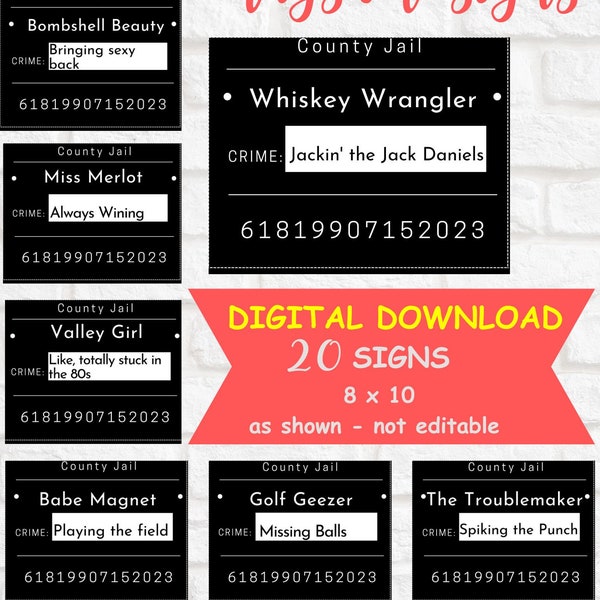 Mugshot Jail Signs, Party Props for Birthday, Retirement, Bachlorette parties, Photo Booth Instant Download, Printable Mugshot Signs, Party