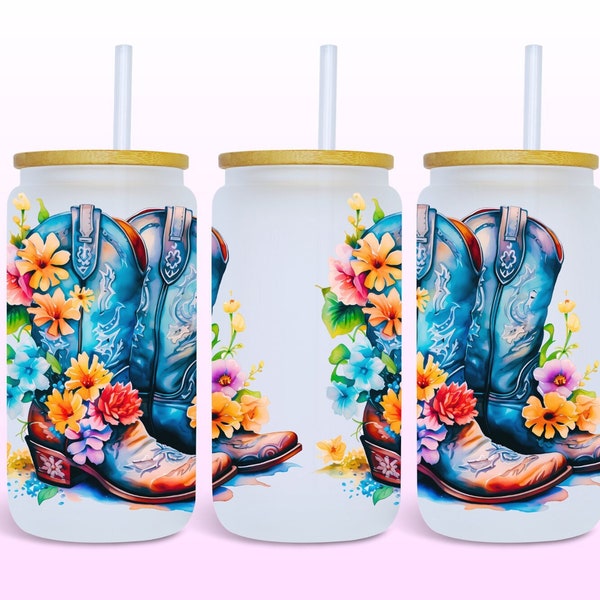 Cowgirl Boots 16oz Glass Can Wrap, Digital Download UV DTF Sublimation Design, 16oz Template, Glass Jar Country Tumbler Wrap Seamless PNG