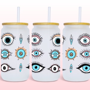 Evil Eyes 16oz Glass Can Wrap, Diseño de sublimación de descarga digital, Plantilla de 16oz, Tarro de vidrio Evil Eye Boho Tumbler Wrap UV DTF PNG Diseño