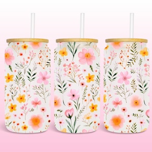 Dainty Wildflowers Glass Can Wrap, Seamless 16oz Glass Can Tumbler Sublimation Design, Glass Jar Floral Digital Download Flowers PNG, Libbey