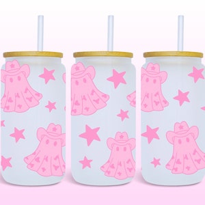 Cowgirl Ghost Halloween 16oz Glass Can Wrap, Digital Download UV DTF Sublimation Design, 16oz Template, Western Glass Jar Tumbler Wrap PNG