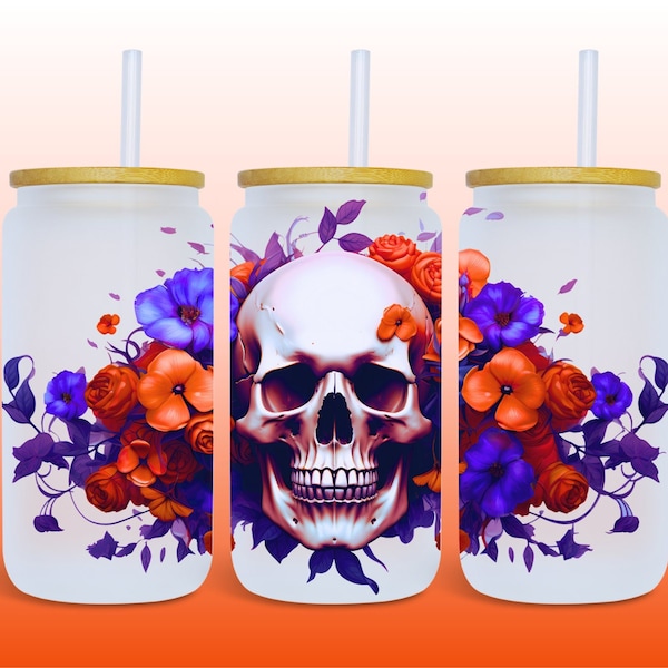 Skull & Flowers Fall Vibes 16oz Glass Can Wrap, Digital Download UV DTF Sublimation Design, 16oz Autumn Glass Jar Tumbler Libbey Wrap PNG