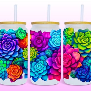 Neon Succulent 16oz Glass Can Wrap, Digital Download Sublimation Design, 16oz Template, Plants Glass Tumbler Wrap Seamless PNG Design Libbey