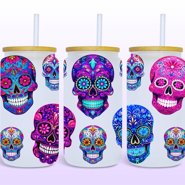 Sugar Skulls 16oz Glass Can Wrap, Digital Download UV DTF Sublimation Design, 16oz Template, Day Of The Dead Glass Jar Tumbler Wrap PNG