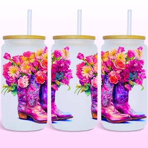 Cowgirl Boots 16oz Glass Can Wrap, Digital Download UV DTF Sublimation Design, 16oz Template, Glass Jar Country Tumbler Wrap Seamless PNG