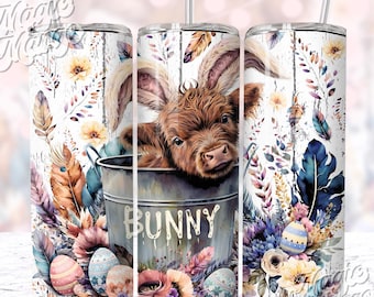 BOHO Easter Bunny Highland Cow Tumbler Wrap PNG, 20oz Skinny Seamless Sublimation Design, Cute Spring Bunny Baby Cow Digital Download