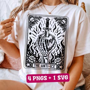 Vintage tarot-style black and white illustration titled 'THE ANTI-ICE.' A skeletal hand grips a melting ice block with a large dagger plunged into the top. Wavy lines radiate from the center. The frame includes roses, stars, and top icons with skulls labeled 'FCK' and 'ICE.' The title appears in a bold banner at the bottom