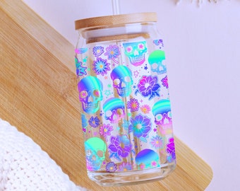 Skull & Flowers 16oz Glass Can Wrap, Digital Download UV DTF Sublimation Design, 16oz Skeleton Glass Jar Template Tumbler Libbey Wrap PNG