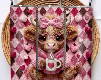 3D Embroidered Cow Cute Tumbler Wrap, SEAMLES Baby Cow Hearts Knit 20oz Skinny Tumbler Sublimation Design PNG, Highland Cow Digital Download