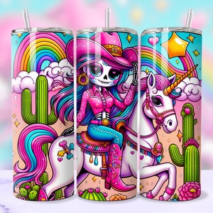 20oz skinny tumbler with digital design sublimation wrap png.  the image is a colorful skeleton cowgirl riding a unicorn with a rainbow in the background.  colorful skeleton cowgirl tumbler wrap sublimation png