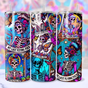 Emballage de gobelet de cartes de tarot sarcastique, conception de sublimation d'emballage de gobelet droit maigre de 20 oz, squelette de sorcière jurant, téléchargement PNG de gobelet drôle