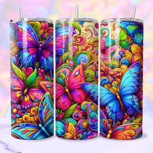 Envoltura de vaso de mariposa, diseño de sublimación de vaso delgado de 20 oz PNG, colorido bastante moderno mariposas populares vaso PNG Descarga digital
