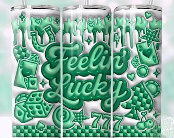 Feelin' Lucky 3D Inflated Tumbler Wrap, Dice 8-Ball Poker Groovy Trendy 20oz Tumbler Sublimation Design, PuffyTumbler PNG Digital Download