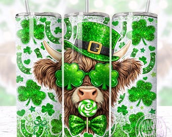Sparkly St Patricks Tumbler Wrap, Glittery Cute Highland Cow Leprechaun 4-Leaf Clover Shamrock Trendy 20oz Tumbler Sublimation Design PNG