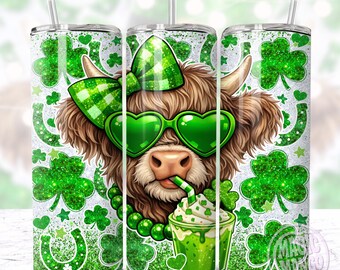 Sparkly St Patricks Tumbler Wrap, Glittery Cute Highland Cow 4-Leaf Clover Shamrock Trendy 20oz Tumbler Sublimation Design PNG Download