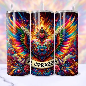 May include: A colorful stainless steel tumbler with a vibrant design featuring a heart with wings and the text "El Corazon".