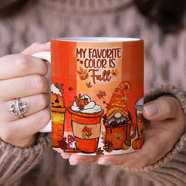 My Favorite Color Is Fall Gnome Mug Wrap, 11oz and 15oz Mug Sublimation Design, Autumn Gnomes Cute Mug Wrap PNG, Pumpkin Digital Download