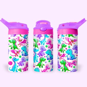 Dinosaurios bebés 12oz Niños Flip Top Sippy Cup Tumbler Wrap, Sublimación de vaso recto de 12oz PNG, Diseño de envoltura de vaso de dinosaurio para niños PNG