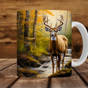 Forest Deer Fall Mug Wrap For Men, 11oz and 15oz Mug Sublimation Design, Buck Deer Hunter Autumn Woods Mug PNG For Him, Digital Download