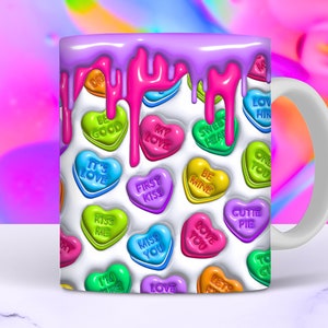 3D Valentine's Day Heart Candy Inflated Mug Wrap, 11oz and 15oz Mug Sublimation Design, Conversation Hearts Puffy Mug PNG, Digtal Download