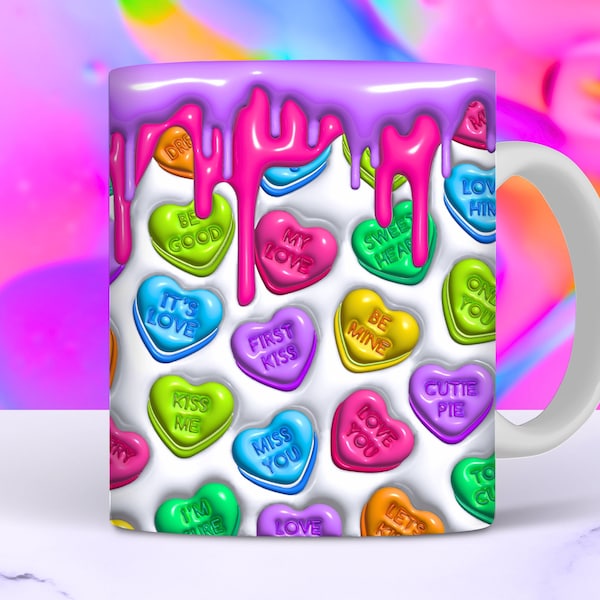 3D Valentine's Day Heart Candy Inflated Mug Wrap, 11oz and 15oz Mug Sublimation Design, Conversation Hearts Puffy Mug PNG, Digtal Download