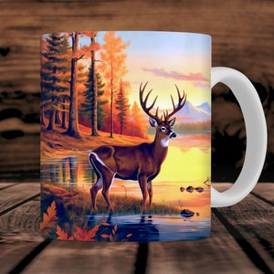 Deer Scene Mug Wrap For Men, 11oz and 15oz Mug Sublimation Design, Deer Hunter Woods Mug Wrap PNG For Him, Instant Digital Download
