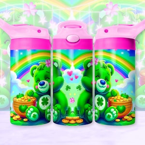 May include: Three green Care Bear water bottles with a rainbow, clouds, hearts, and gold coins. Each bottle has a pink lid and a straw.