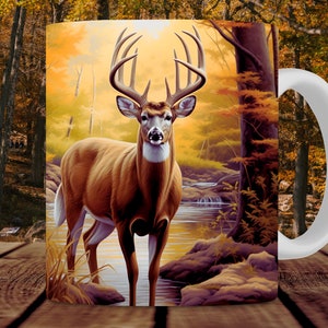 Forest Deer Fall Mug Wrap For Men, 11oz and 15oz Mug Sublimation Design, Buck Deer Hunter Autumn Woods Mug PNG For Him, Digital Download