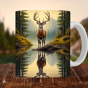 Buck Deer Mug Wrap For Men, 11oz and 15oz Mug Sublimation Design, Forest Deer Hunter Lake Reflection Woods Mug PNG For Him, Digital Download
