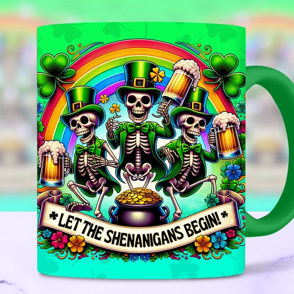 Emballage de tasse de St Patricks Day, St Paddys Skulls 11 oz 15 oz Shamrock Leprechaun Mug Sublimation Design PNG en téléchargement numérique