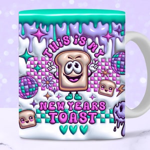3D New Years Toast opgeblazen mokomslag, 11oz en 15oz mok sublimatieontwerp, 3D vakantie groovy retro grappige gezwollen mokomslag, png PNGEgg, download