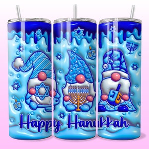 May include: Three blue and white gnome-themed stainless steel tumblers with lids and straws. The tumblers feature a blue and white dripping background with a Star of David, menorah, and dreidel designs. The text "Happy Hanukkah" is printed on the bottom of the tumblers.