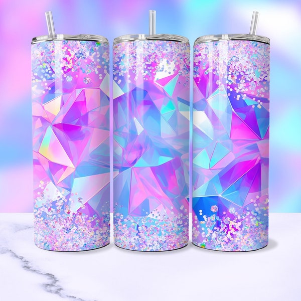 3D Glitter Holographic Crystals Seamless Tumbler Wrap, Sparkly 20oz Straight Tumbler Sublimation Design PNG, Iridescent Gemstone Download