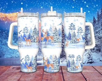 Seamless Winter Scene 40oz Tumbler Wrap PNG, Quencher Handle Tumbler Holiday Deer Sublimation Design, X-mas 40 oz Template, Digital Download