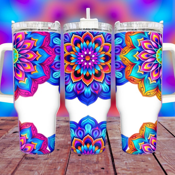 Seamless Mandala 40oz Tumbler Wrap PNG, Colorful Neon Floral Cool 40oz Handle Quencher PNG Sublimation Design, Instant Digital Download