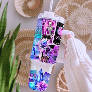 Tarot Cards 40oz Tumbler Wrap PNG, Witchy Vibes Quencher PNG, Celestial Crystals Skeleton Handle Tumbler Sublimation Design Digital Download
