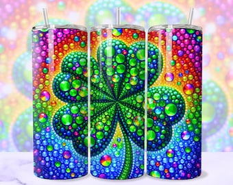 Sparkly Shamrock Tumbler Wrap, Glittery St Patricks 4-Leaf Clover Trendy 20oz Straight Tumbler Sublimation Design PNG, Digital Download