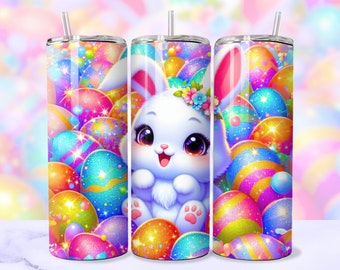 May include: A white bunny with pink ears and a flower crown is surrounded by colorful Easter eggs. The eggs are decorated with glitter and stripes. The image is on a stainless steel tumbler.