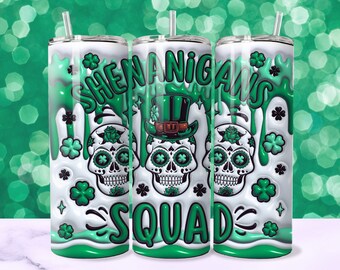 3D Shenanigans Squad St Patricks Day Inflated Tumbler Wrap, St Paddy's Leprechaun Sugar Skulls 20oz Tumbler Sublimation Design PNG, Download