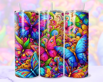 Butterfly Tumbler Wrap, 20oz Skinny Tumbler Sublimation Design PNG, Colorful Pretty Trendy Popular Butterflies Tumbler PNG Digital  Download