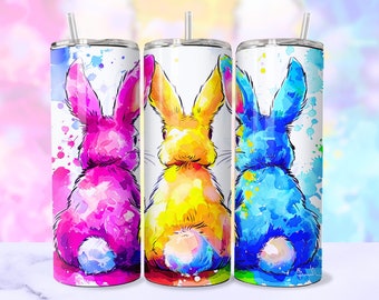 Easter Bunny Tumbler Wrap, Neon Easter Bunnies 20oz Skinny Tumbler Sublimation Design PNG, Colorful Happy Easter Trendy Tumbler PNG Download