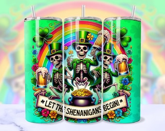 Shenanigan Funny Skeletons St Patricks Day SEAMLESS Tumbler Wrap, St Paddy's Leprechaun Skulls 20oz Skinny Tumbler Sublimation Design PNG